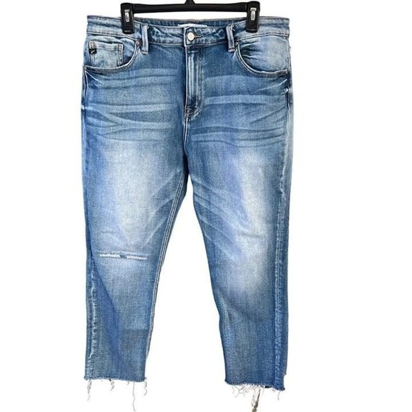 Kancan Women's Size 33 Distressed Raw Hem Roll Cuff Straight Leg Jeans - Picture 1 of 9